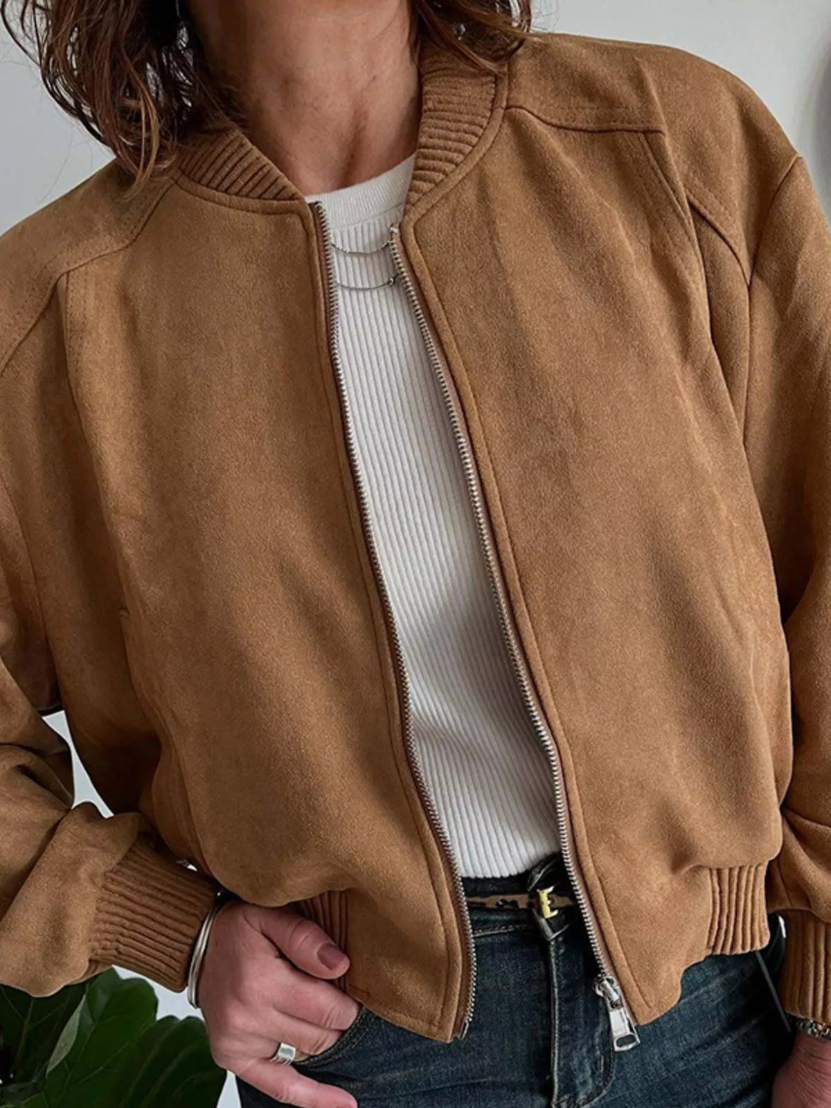 Zip Up Long Sleeve Jacket in Brown