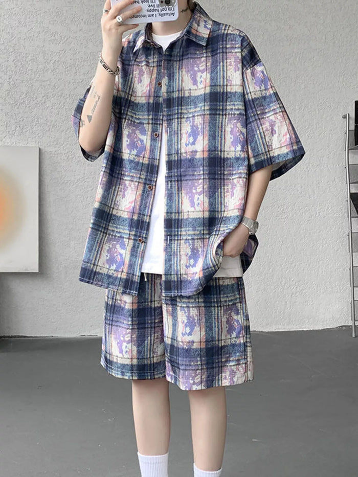 Men's Plus Size Casual Plaid Print Shirt & Shorts Set in Purple