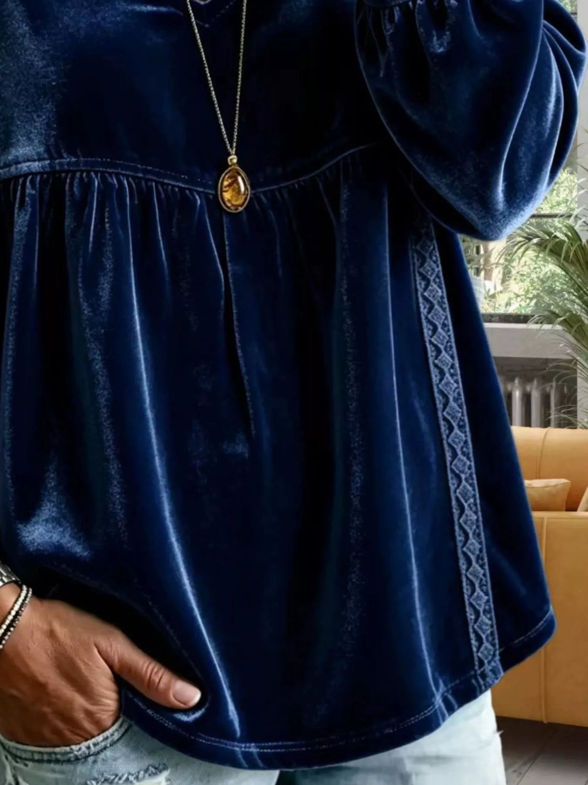 Full Size Velvet Lace Detail V-Neck Blouse Plus Size - Lilixa.store