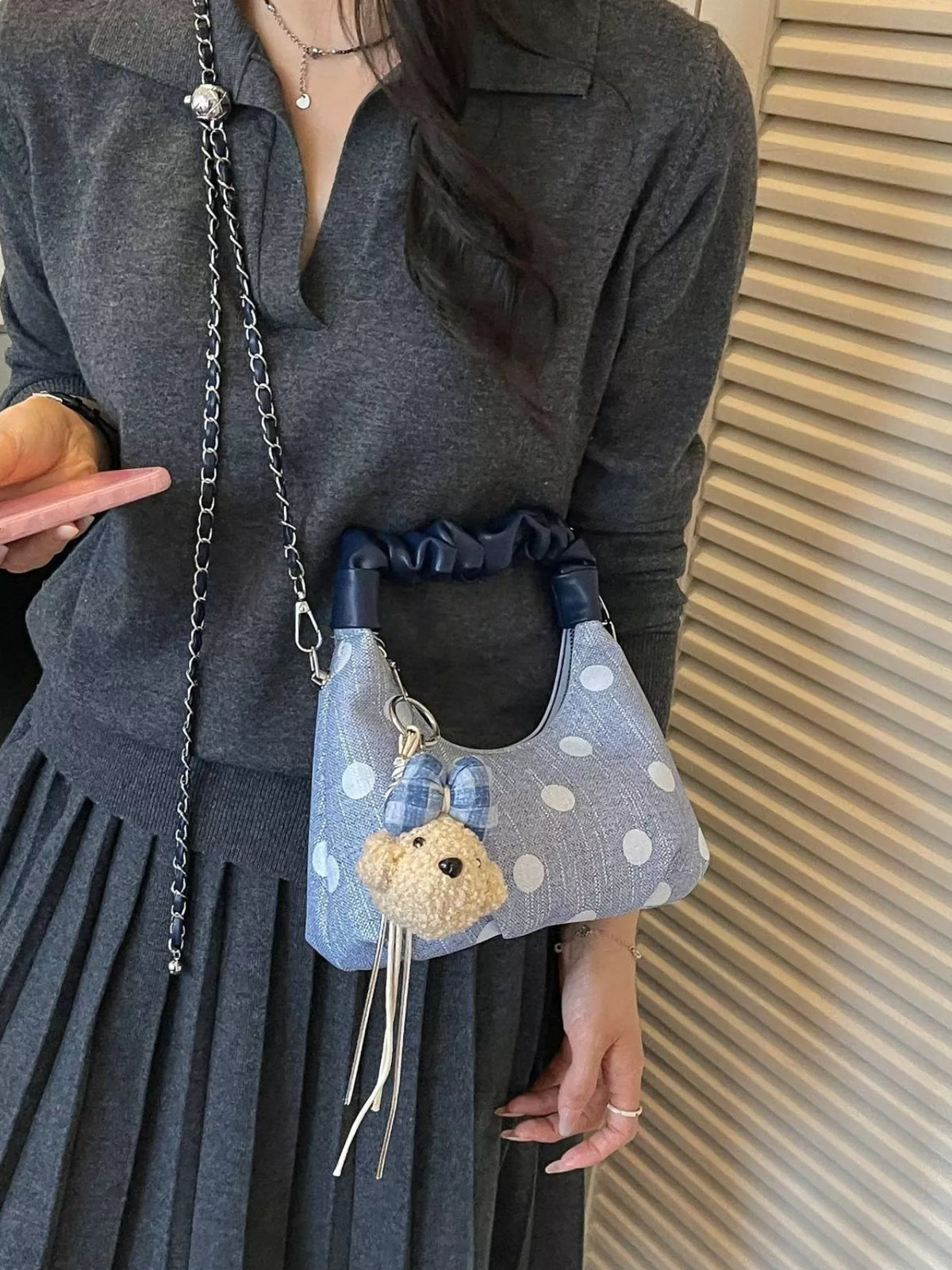 Polka Dot Ruched Handle Crossbody Bag