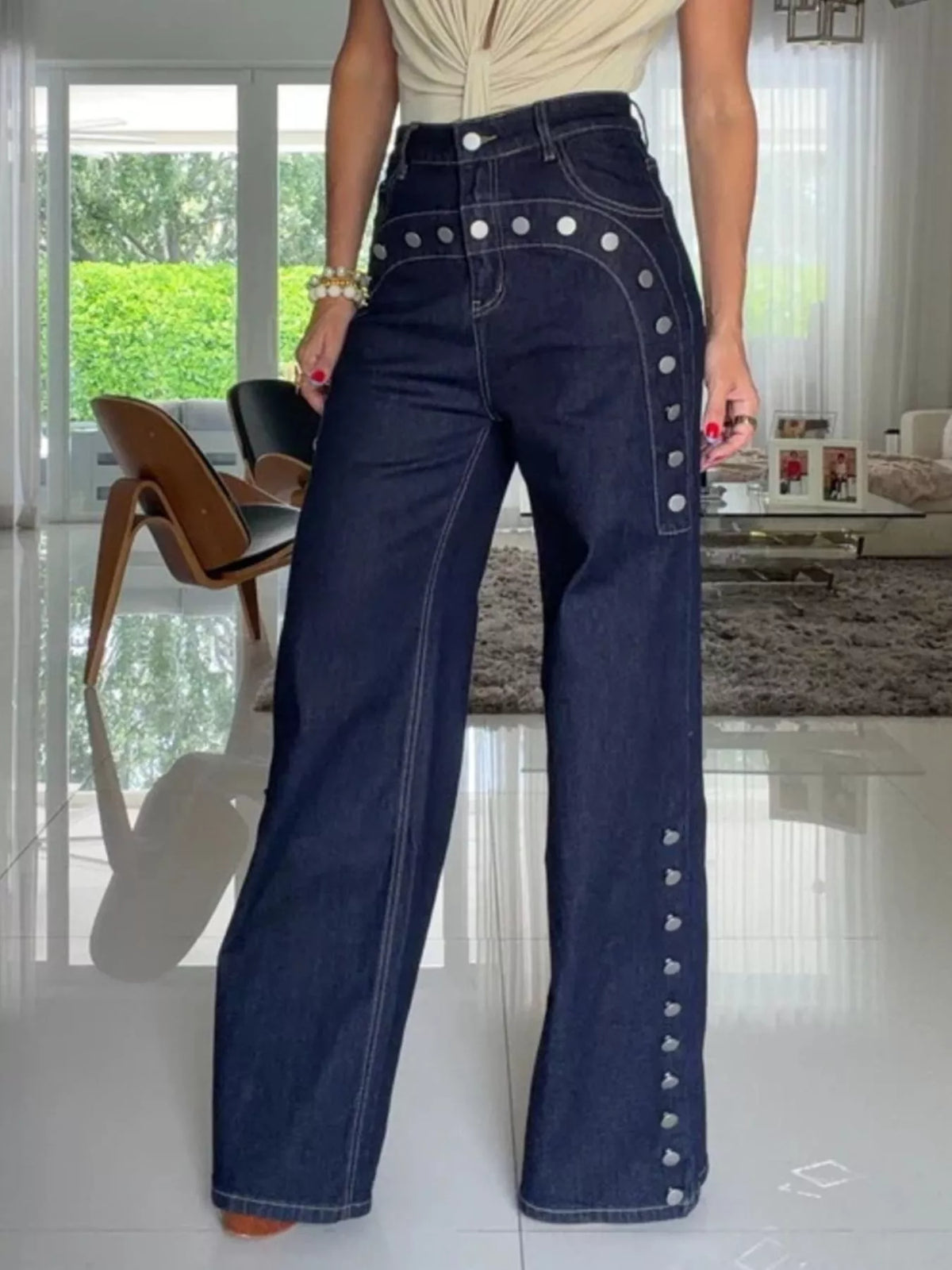 Decorative Button High-Waisted Wide-Leg Jeans - Lilixa.store