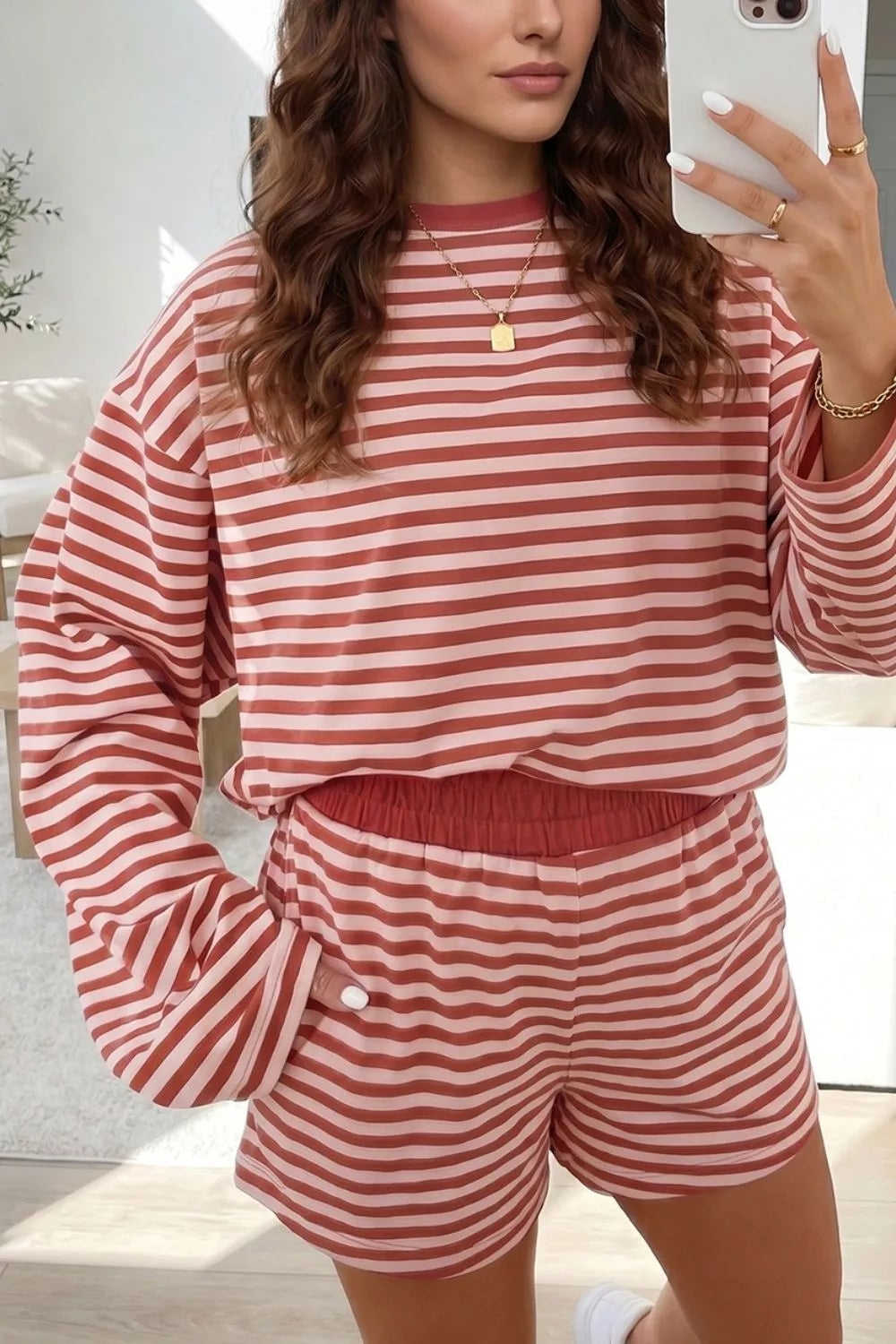 Stripe Relaxed Long Sleeve Top Contrast Elastic Waistband Short Set - Lilixa.store