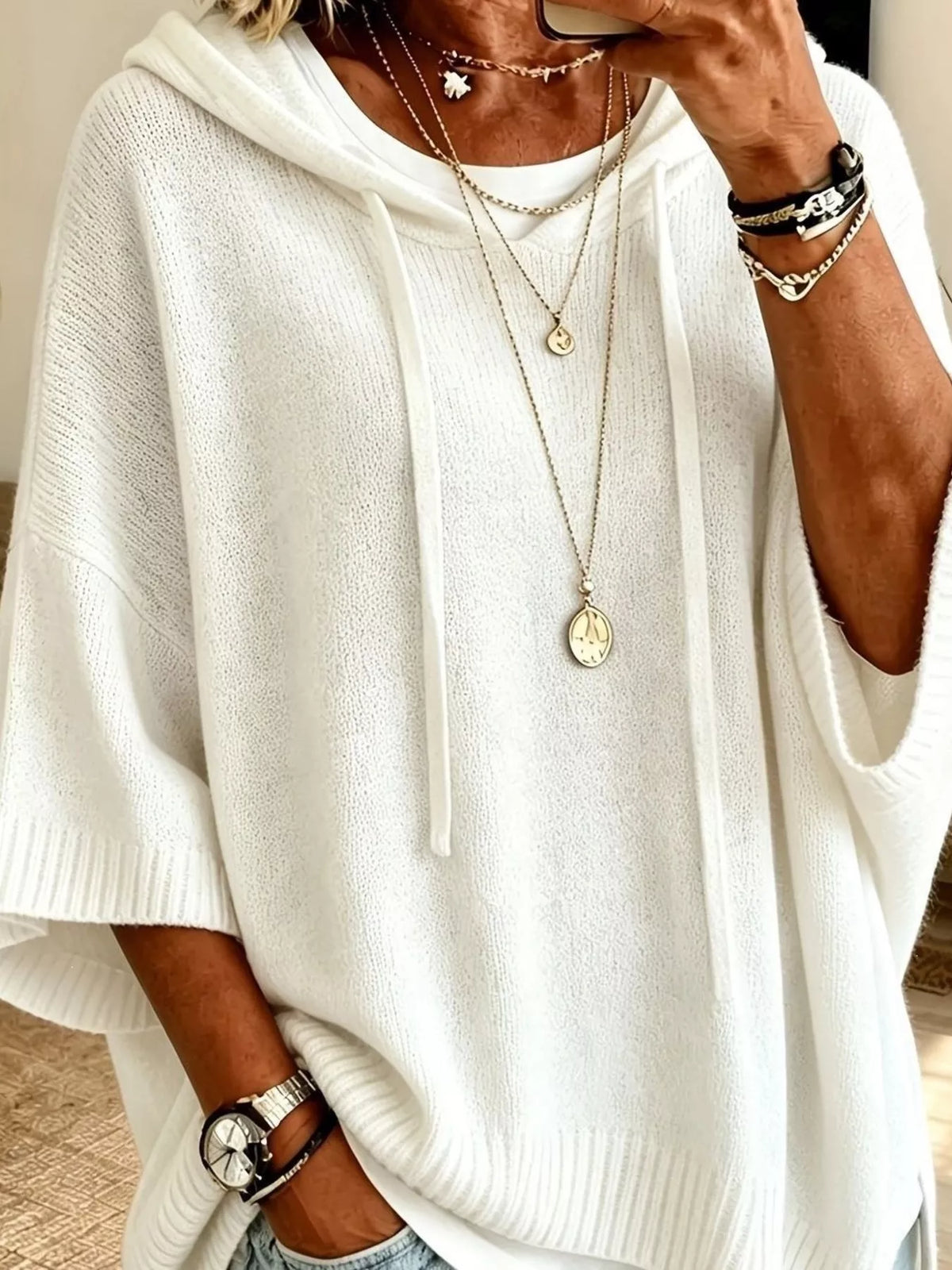 Casual Loose Fit Hooded Knit Sweater with Ribbed Hem in White