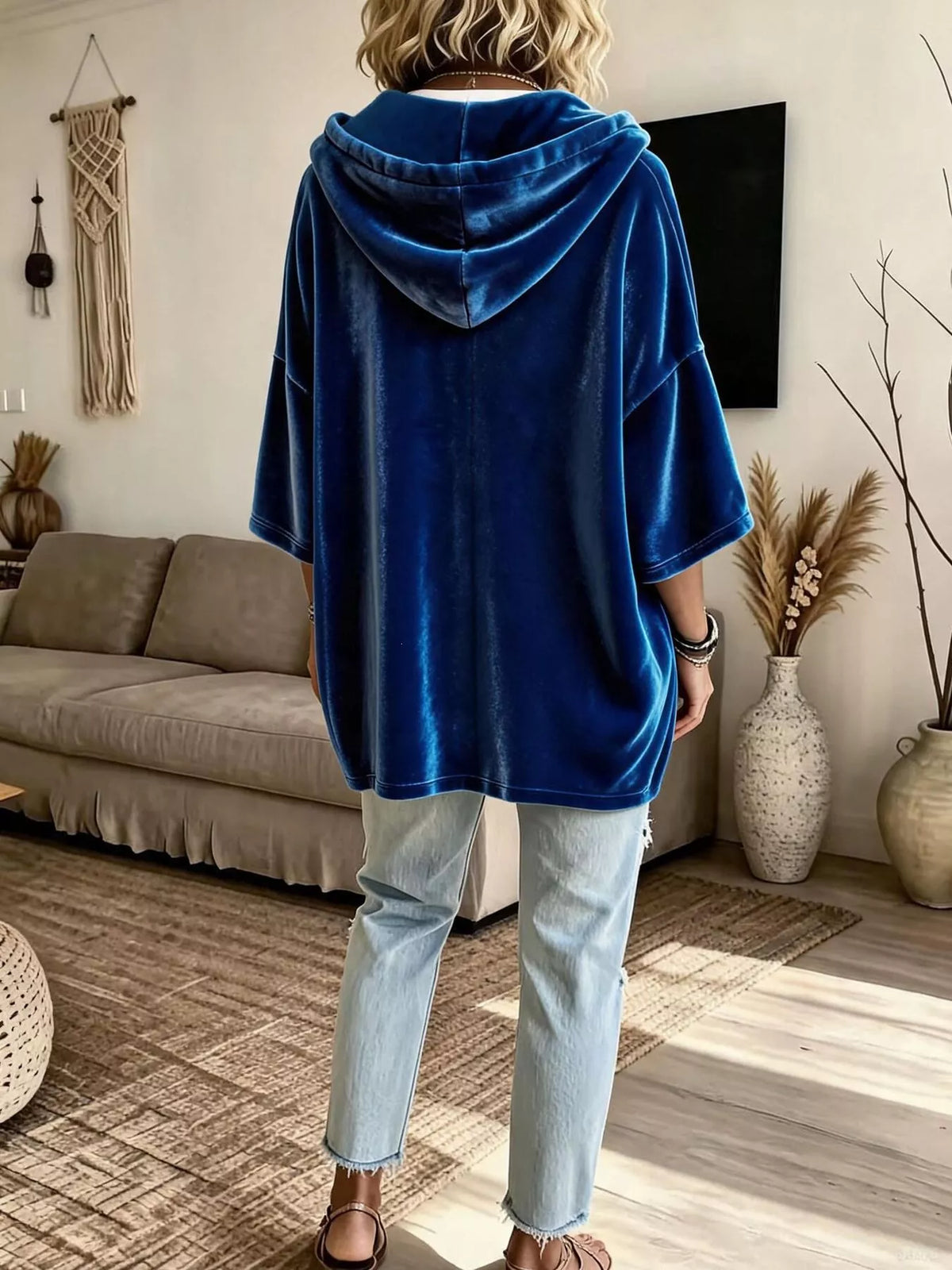 Full Size Velvet Button Detail Drawstring Hoodie Plus Size, view 3