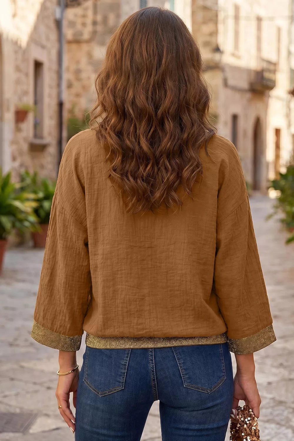 V-Neck Button Up Shirt in Caramel, view 2
