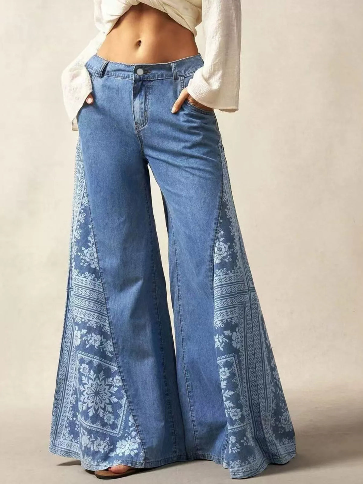 Floral Print Wide-Leg Flare Jeans - Lilixa.store