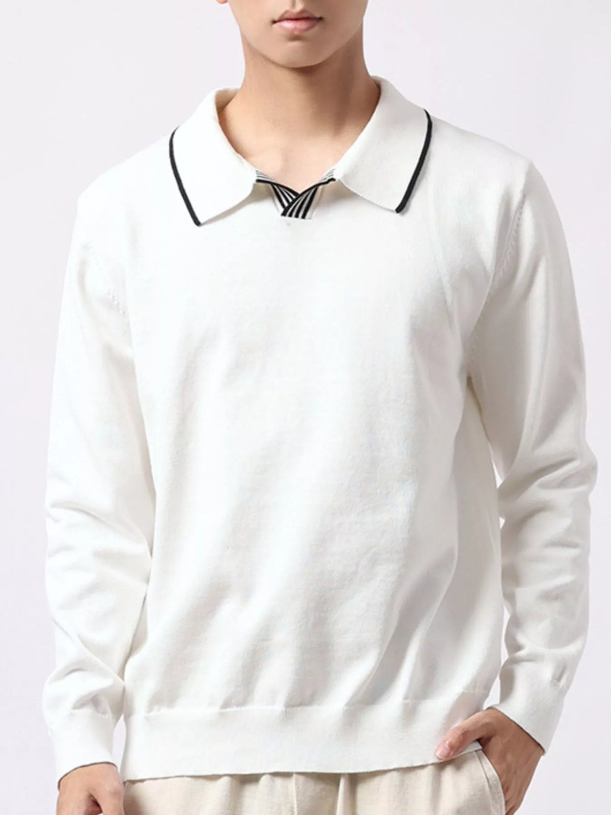 Men's Plus Size Long-Sleeve Contrast Trim Polo