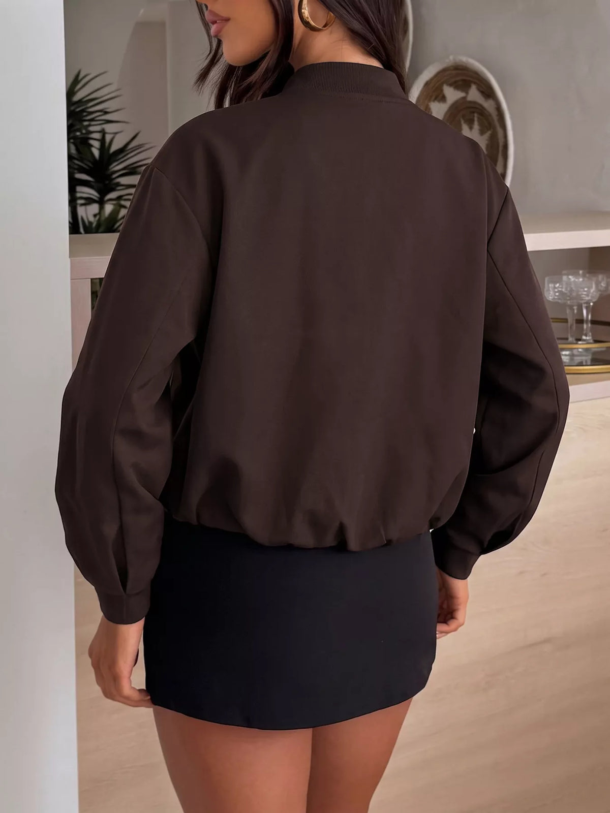Zip Up Dropped Shoulder Jacket in Coffee Brown, view 6