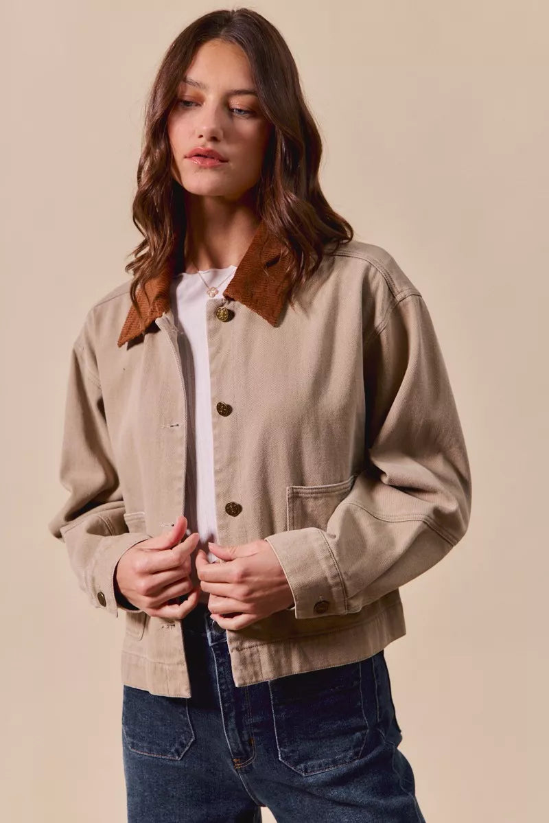 SO ME Cotton Twill Cropped Barn Jacket wtih Collar in Taupe, view 10