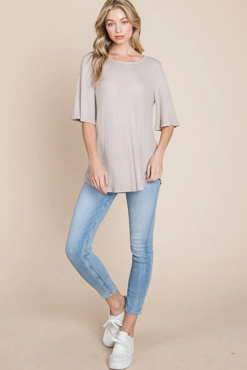 BOMBOM Round Neck Waffle Knit T-Shirt - Lilixa.store
