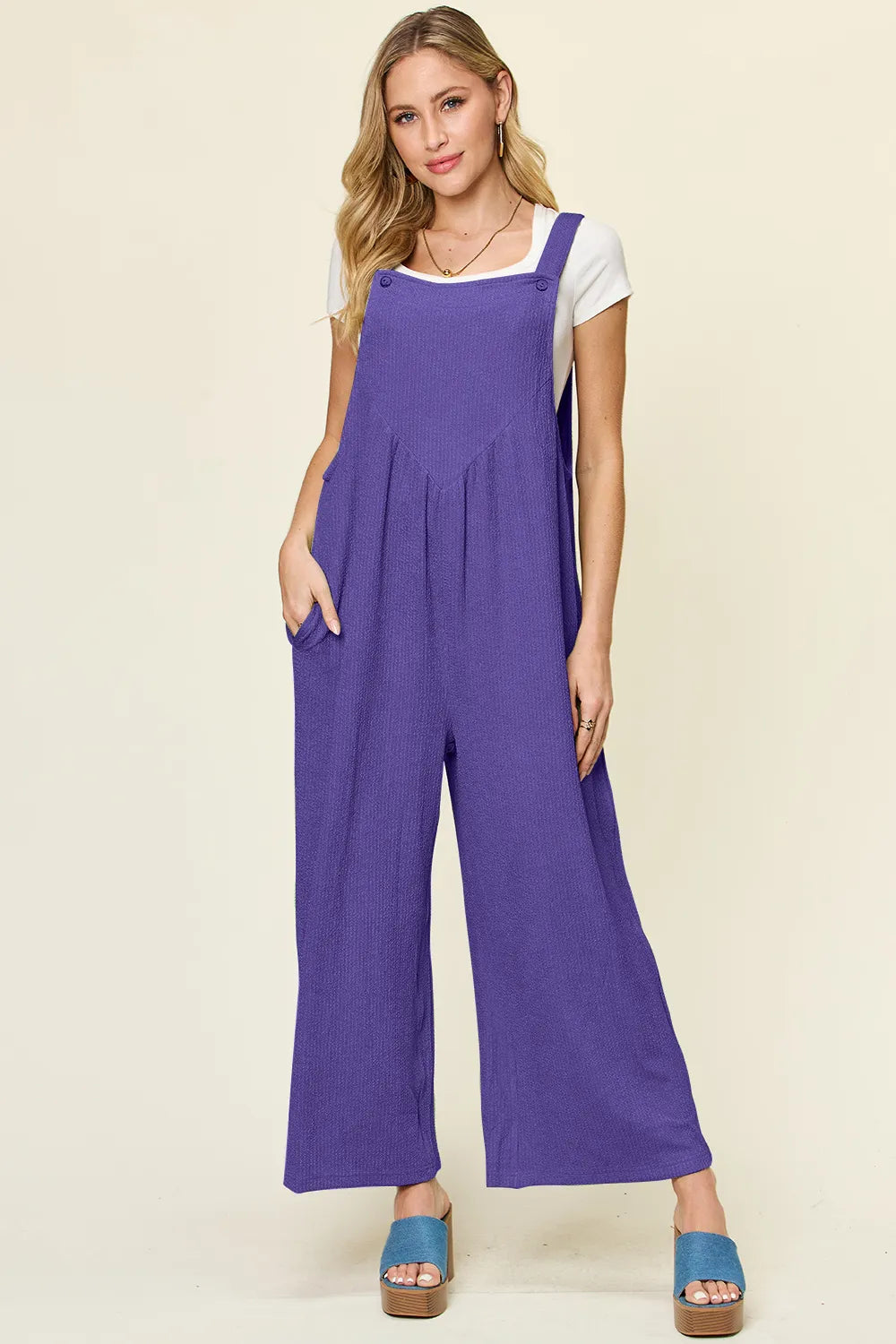 Double Take Full Size Texture Sleeveless Wide Leg Overall in Indigo