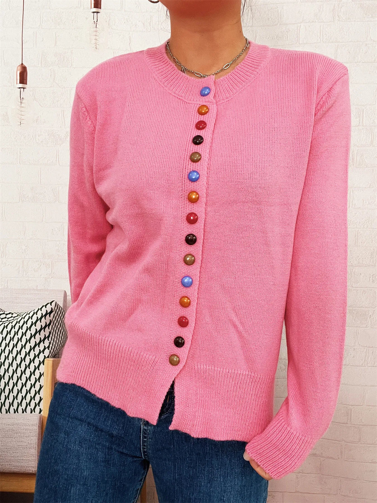 Button-Front Cardigan with Colorful Detail Buttons - Lilixa.store