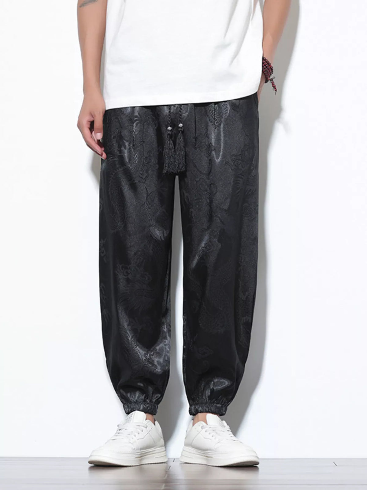 Men's Plus Size Dragon Pattern Silk Joggers in Black