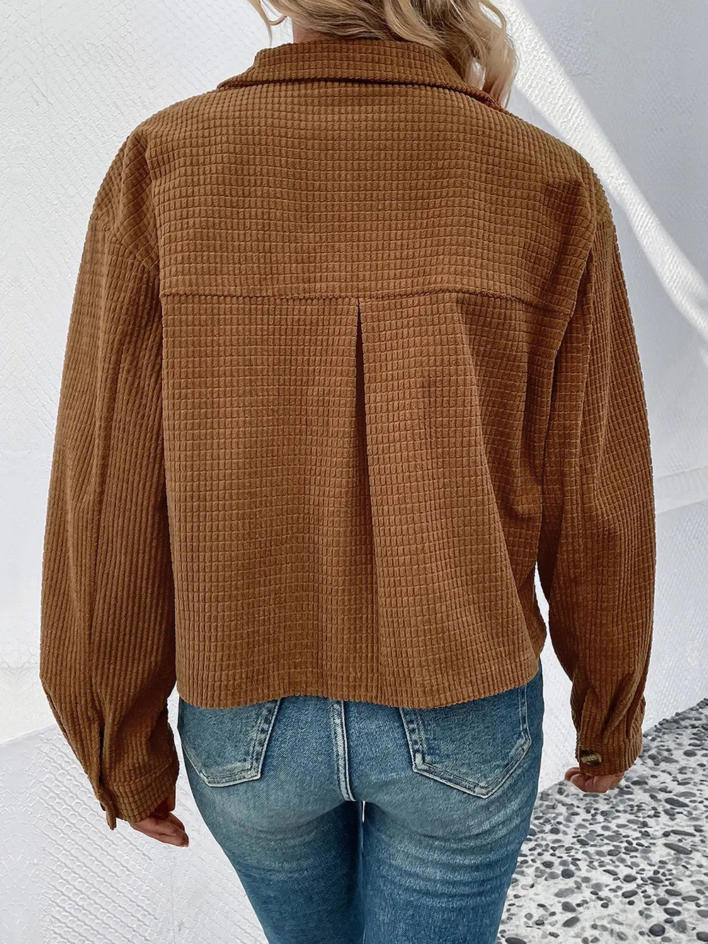 Perfee Collared Neck Button Front Jacket with Pockets in Camel, view 2