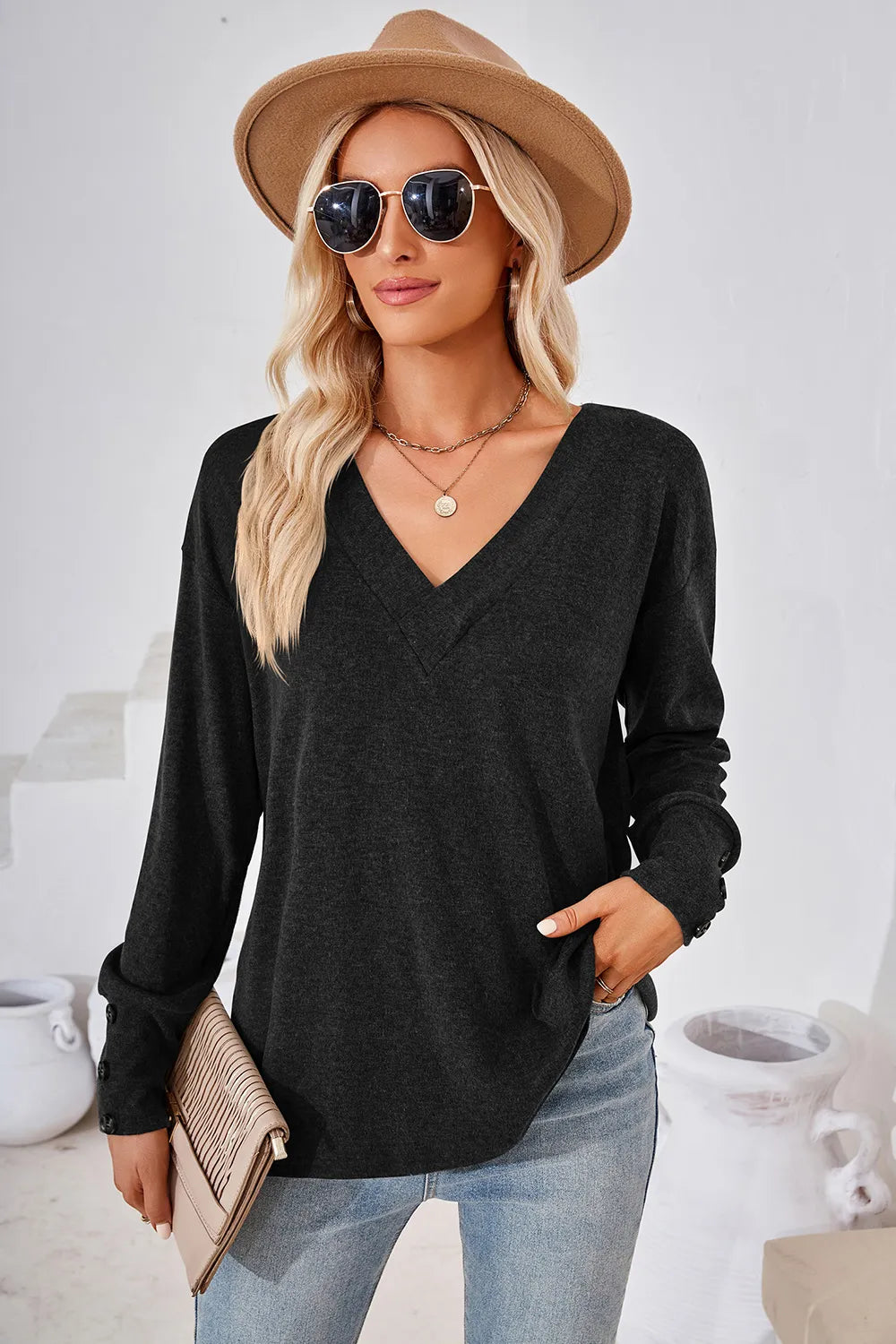 V-Neck Dropped Shoulder T-Shirt - Lilixa.store