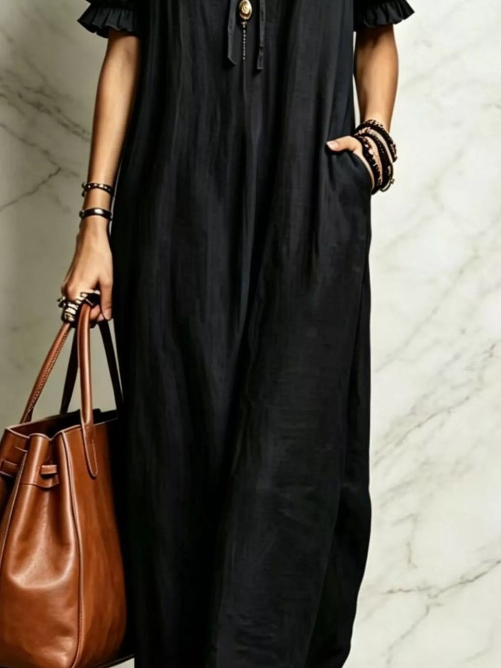 Ruffle Trim Puff Sleeve Maxi Dress - Lilixa.store