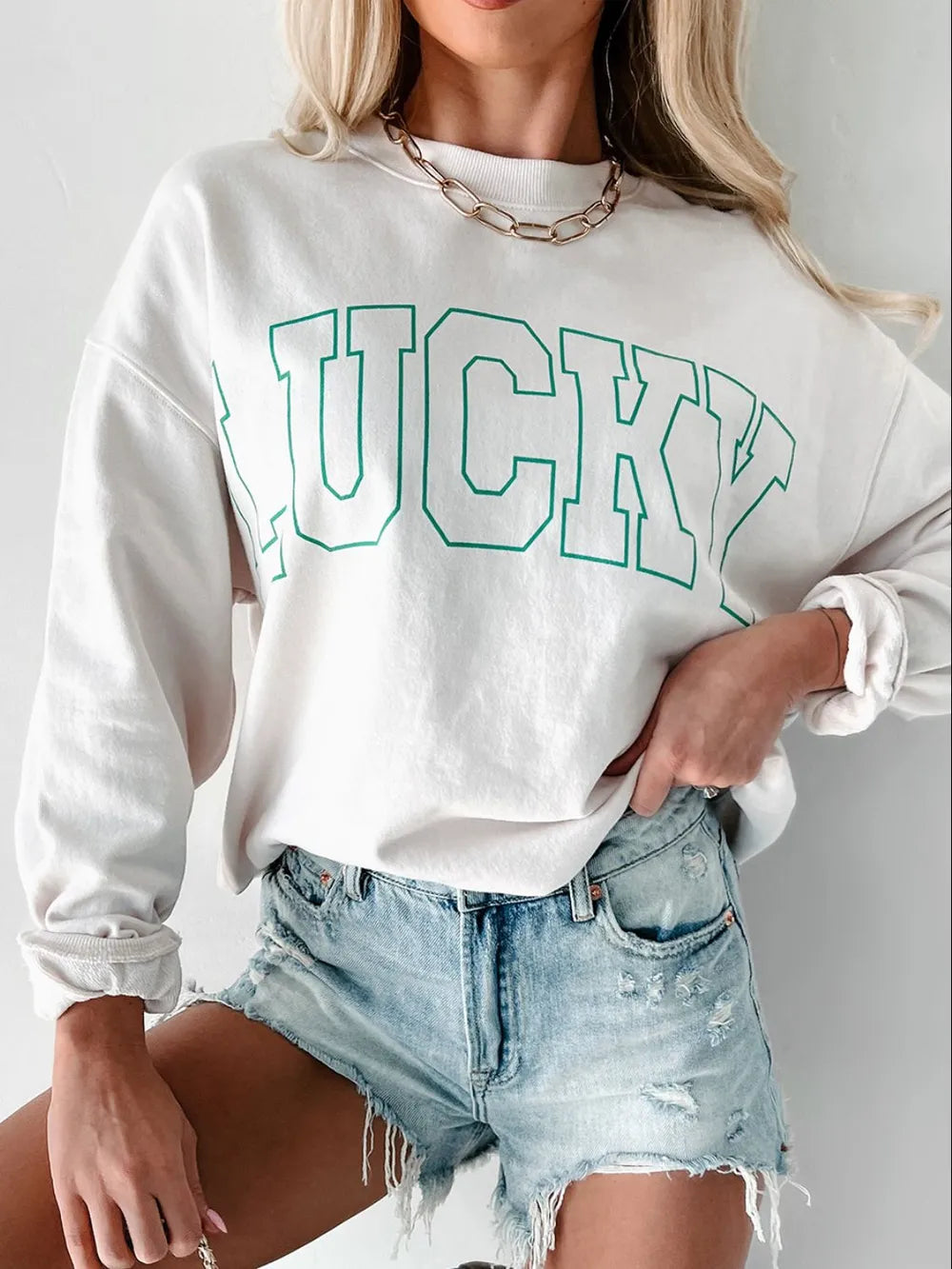 LUCKY Graphic Round Neck Long Sleeve Sweatshirt - Lilixa.store