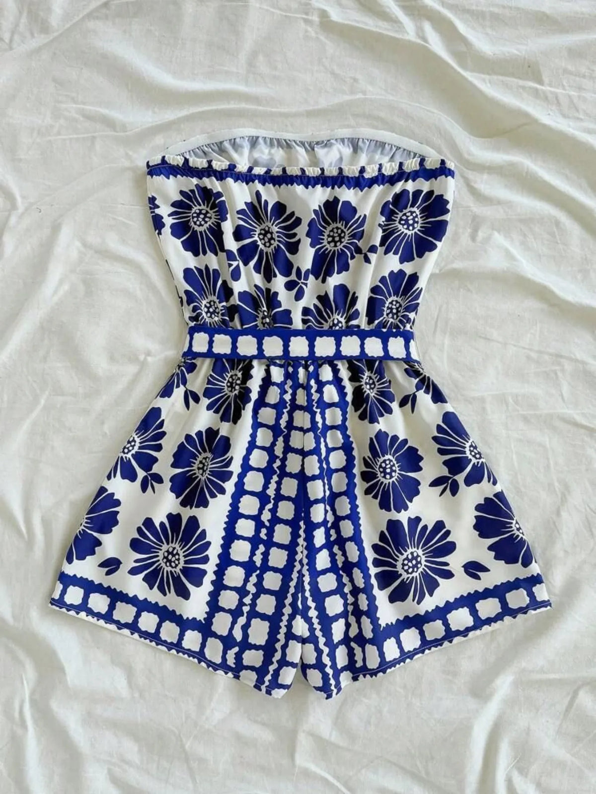 Printed Tube Tie Waist Romper - Lilixa.store