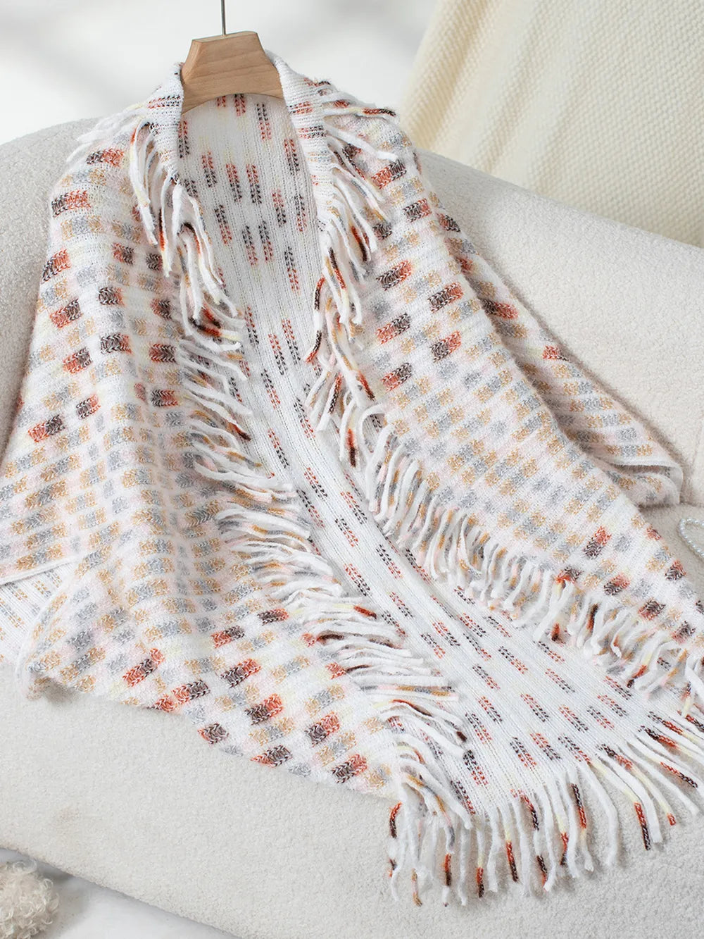 Fringe Open Front Half Sleeve Poncho in White