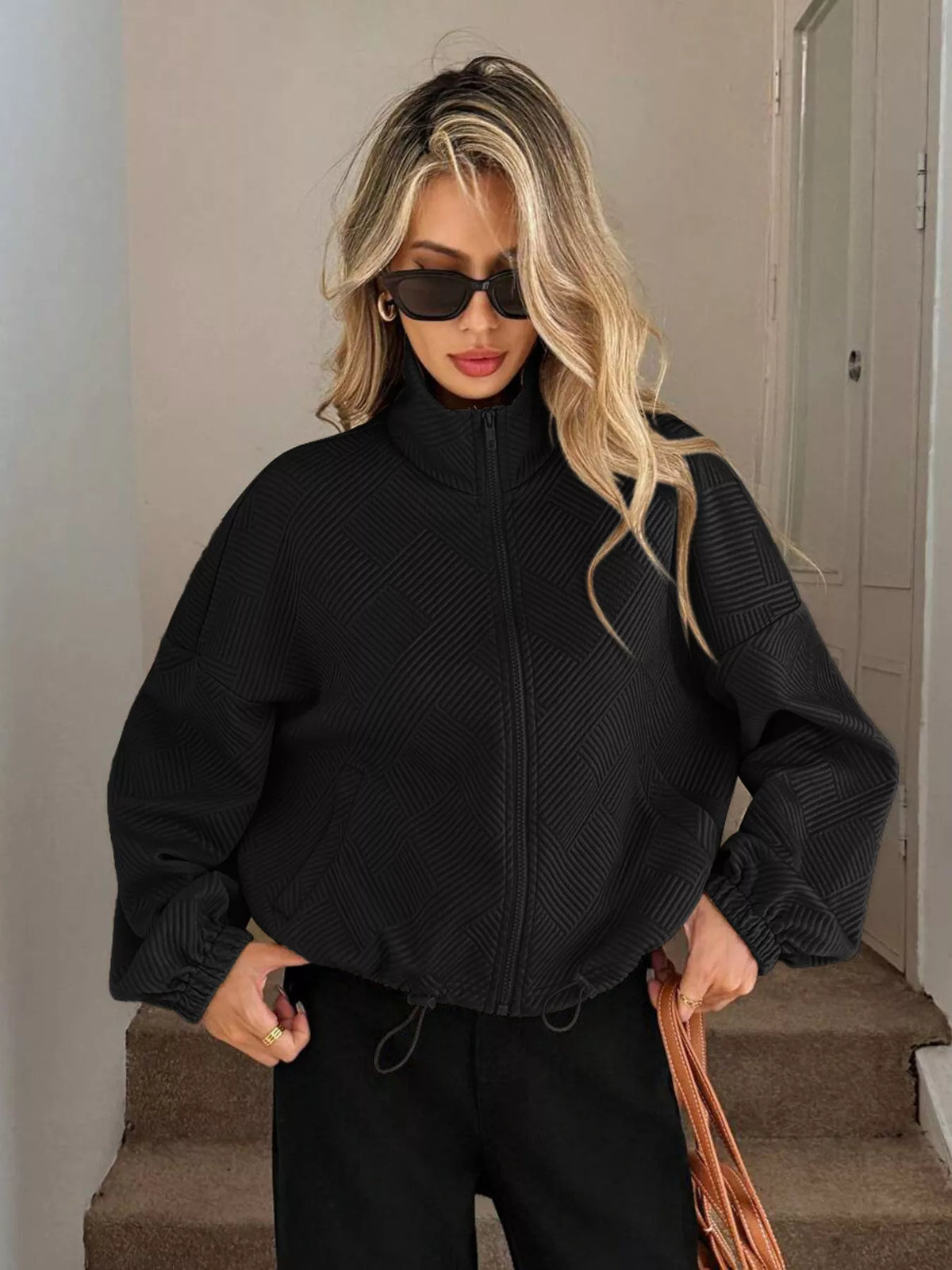 Drawstring Hem Textured Long Sleeve Jacket, view 12