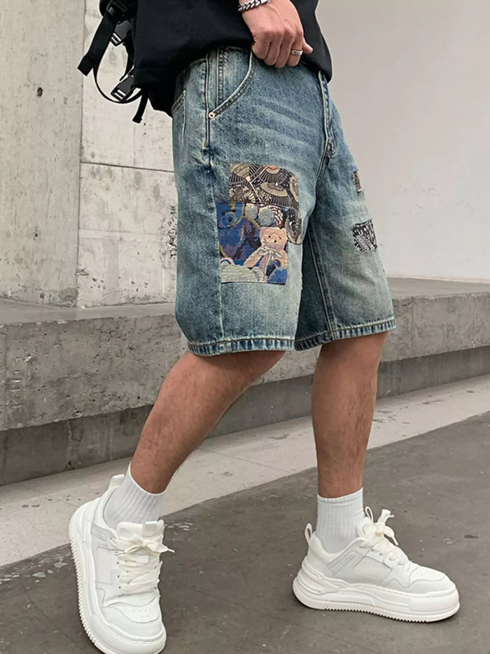Men's Patchwork Graphic Denim Shorts - Lilixa.store