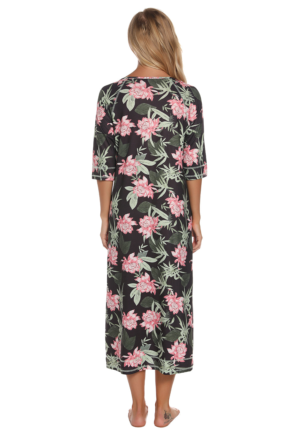 Printed Slit Night Dress with Pockets - Lilixa.store