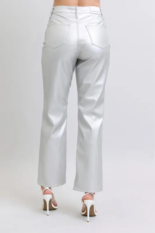 Judy Blue Full Size High Waist Silver Faux Leather Pants Plus Size - Lilixa.store