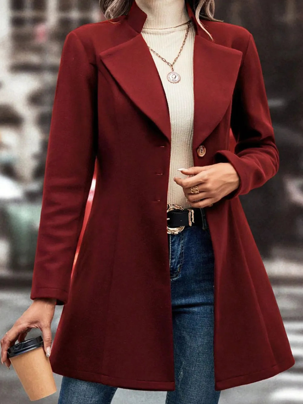 Collared Neck Button Up Long Sleeve Coat, view 4