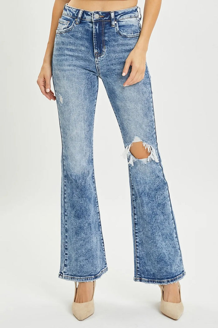 RISEN Full Size High Rise Distressed Flare Jeans in Acid Medium
