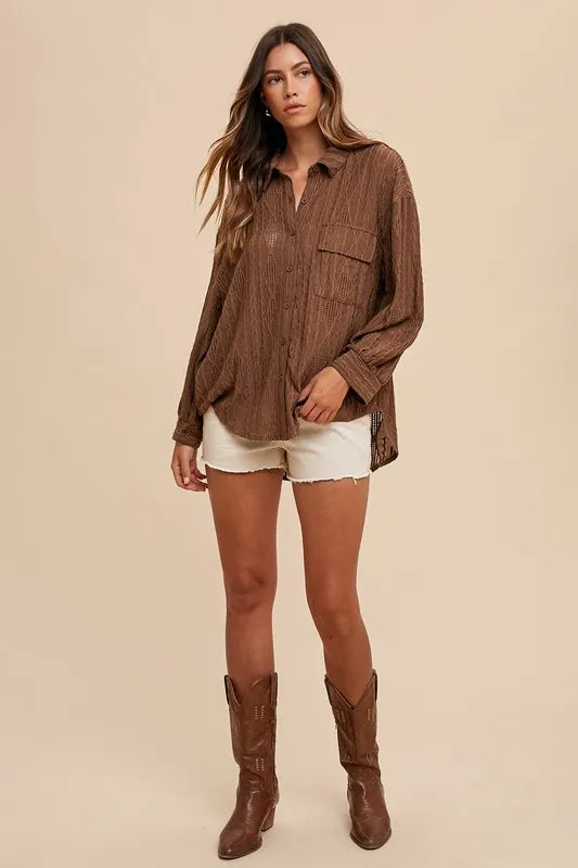 Annie Wear Openwork Button Down Drop Shoulder Shirt - Lilixa.store