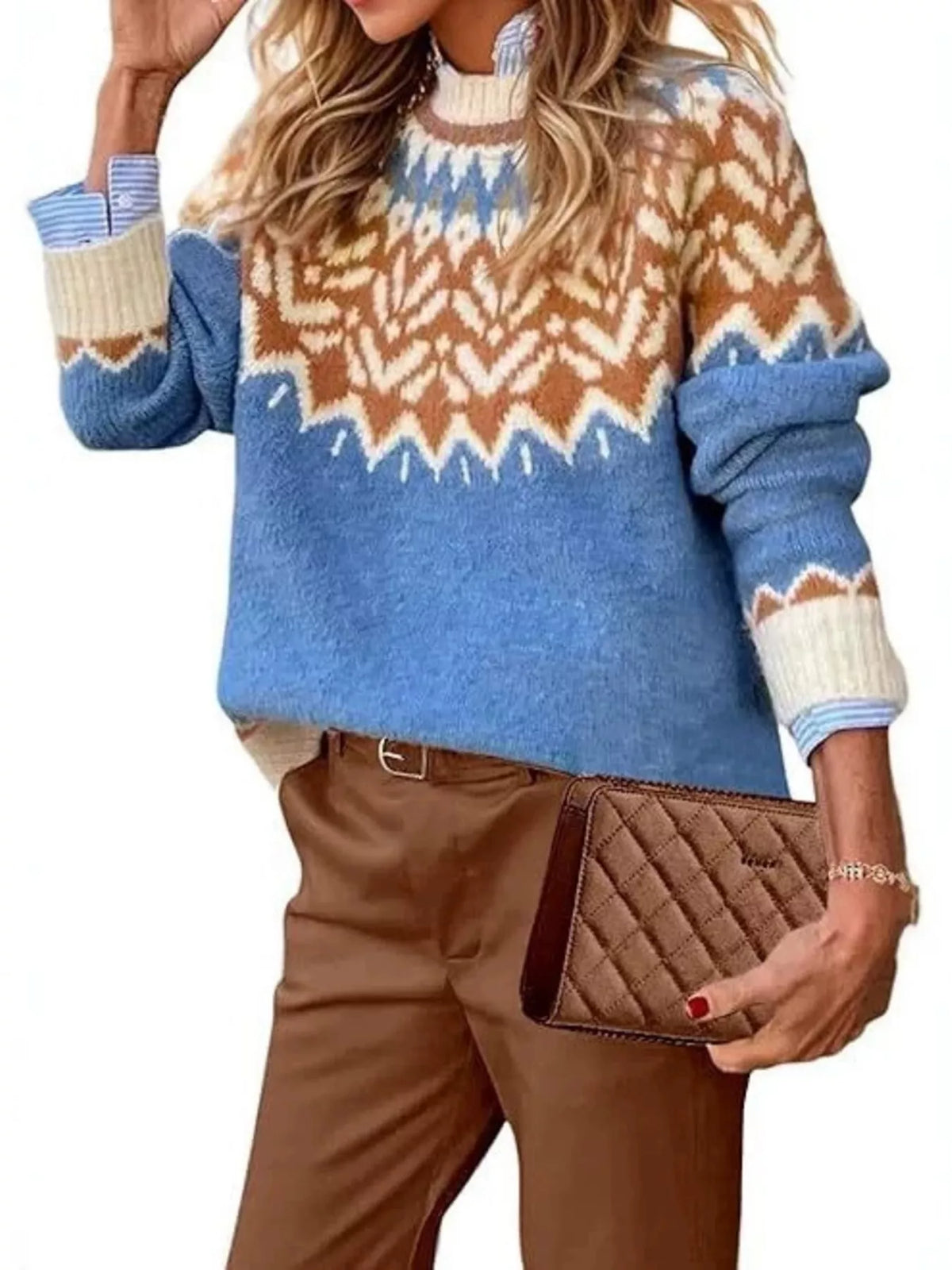 Full Size Fair Isle Patterned Long Sleeve Sweater Plus Size - Lilixa.store