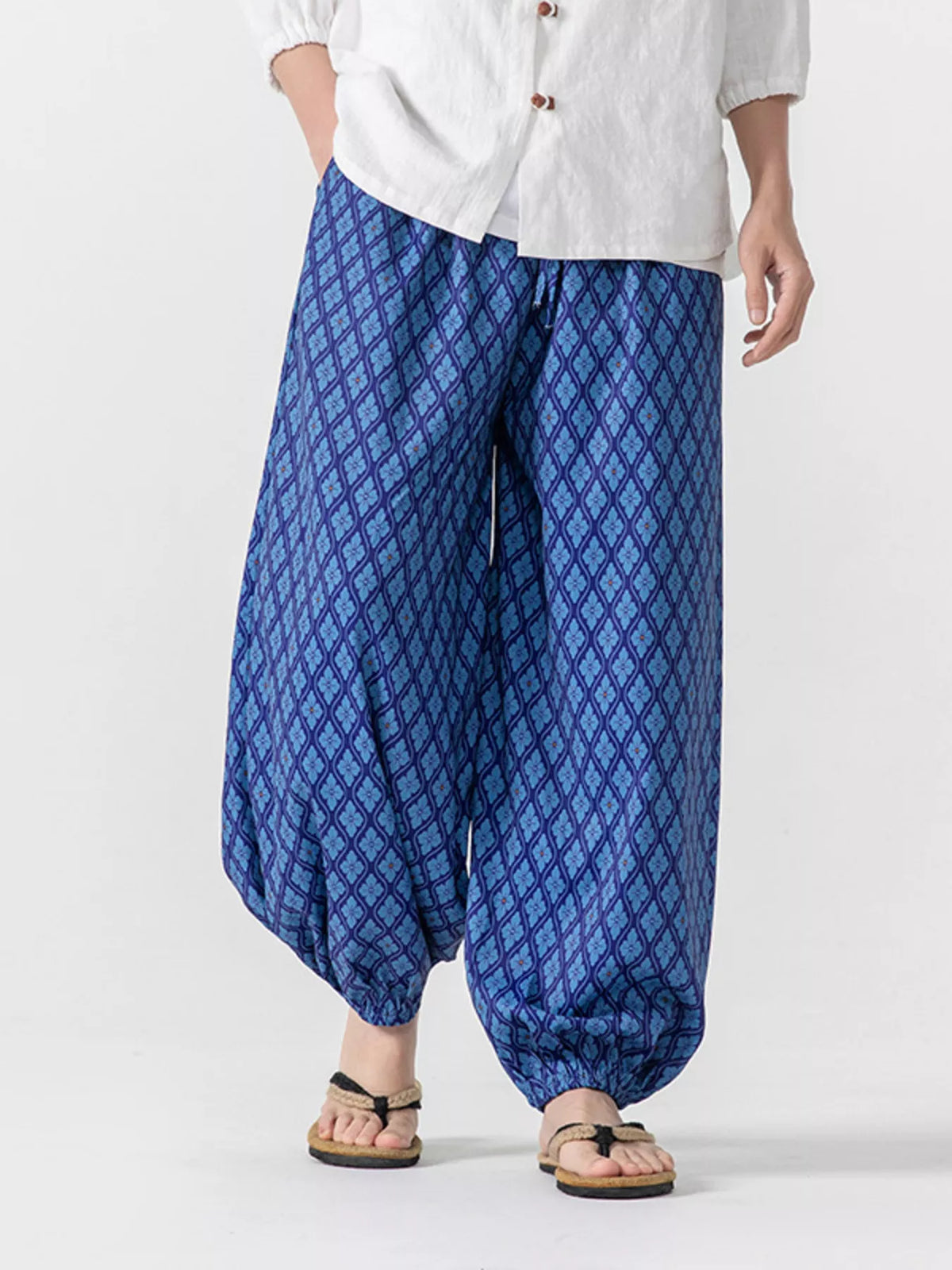 Men's Plus Size Diamond Patterned Harem Pants in Blue