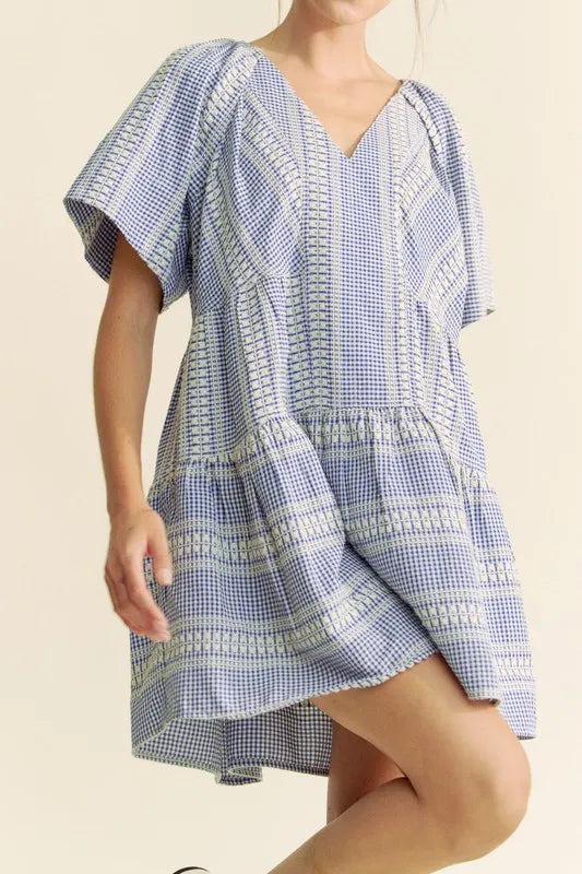 Davi & Dani Embroidered Stripe Ruffled Gingham Mini Dress - Lilixa.store