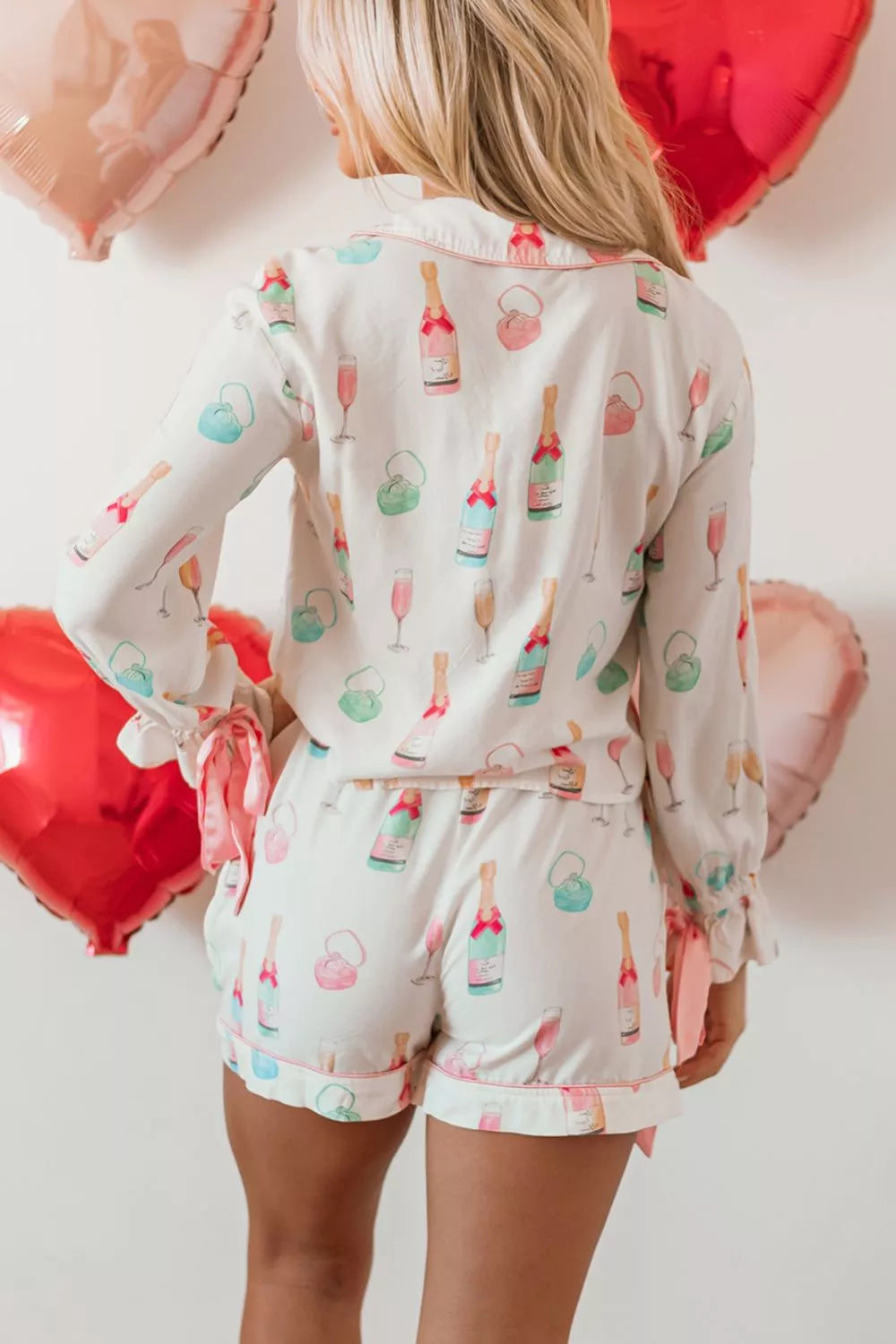 Bow Printed Collared Neck Top and Drawstring Shorts Lounge Set - Lilixa.store