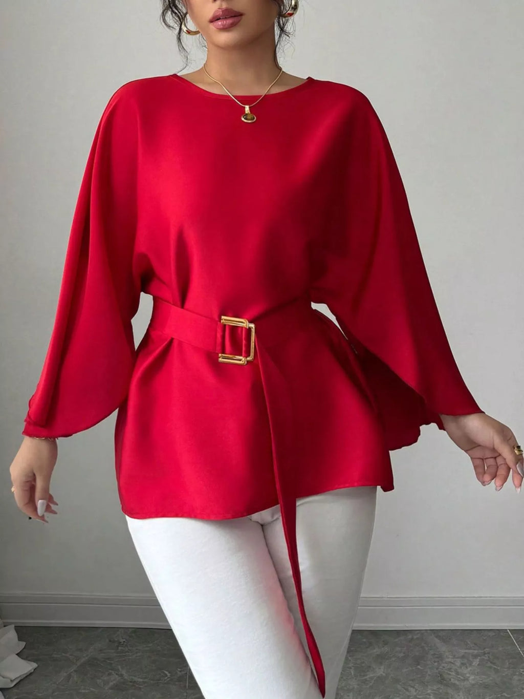 Round Neck Belt Batwing Sleeve Blouse - Lilixa.store