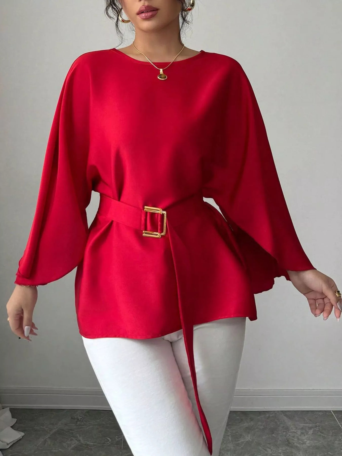 Round Neck Belt Batwing Sleeve Blouse - Lilixa.store