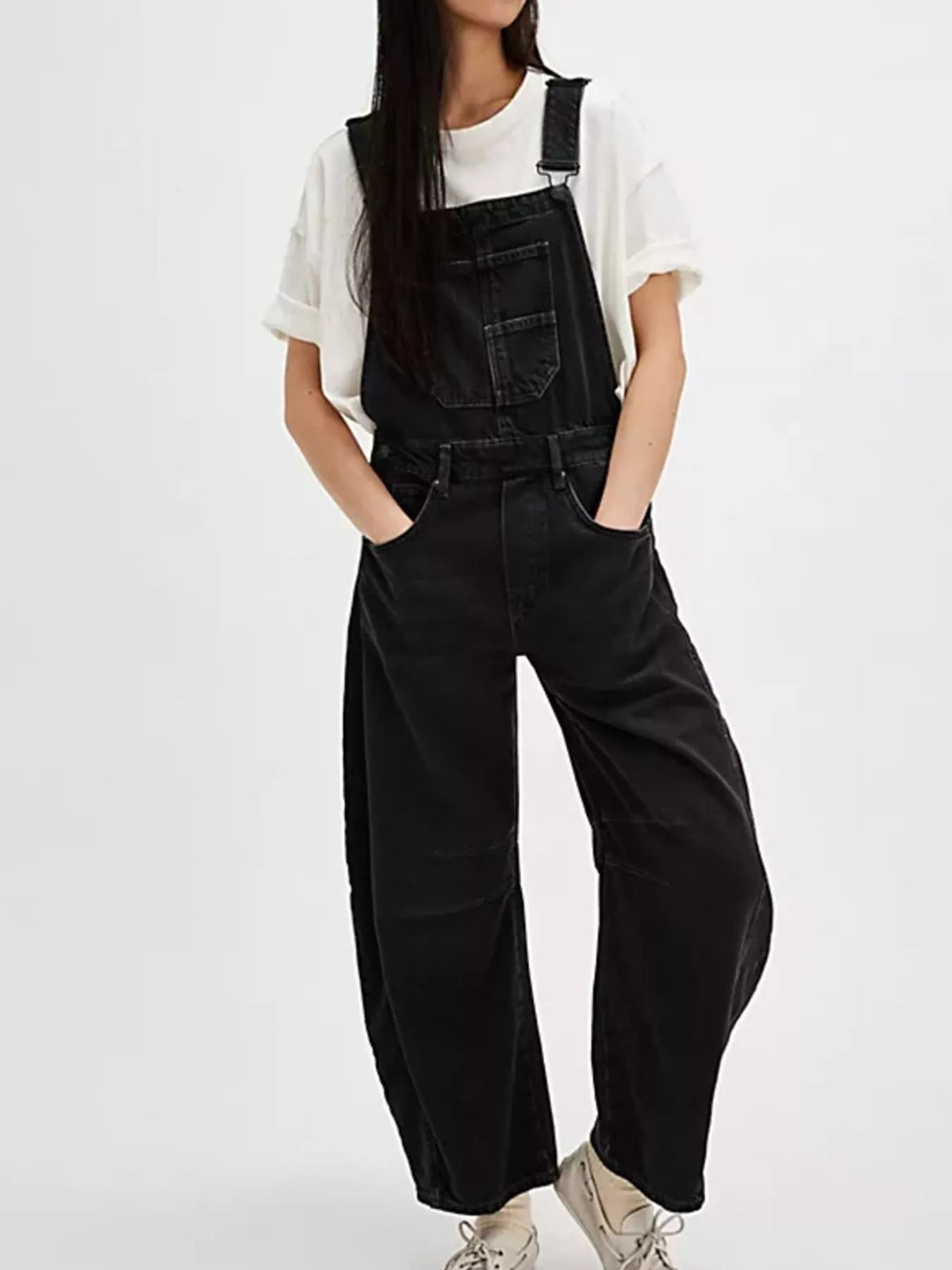 Wide Strap Wide Leg Denim Overalls in Black