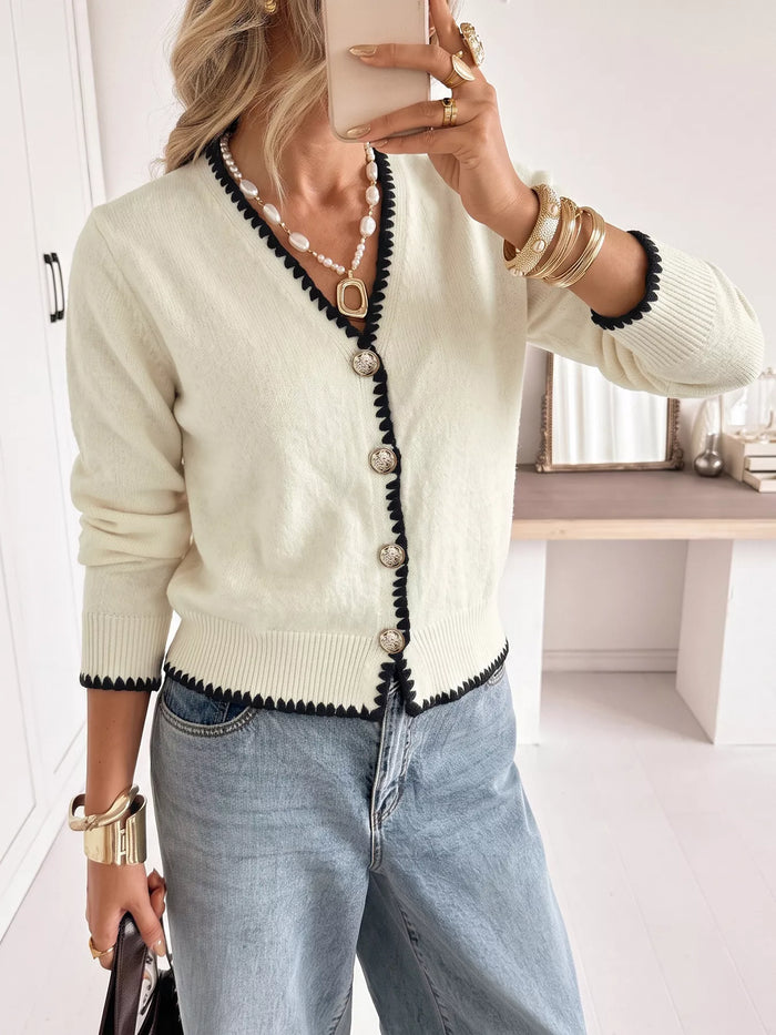 Contrast Trim V-Neck Button-Down Cardigan in Beige