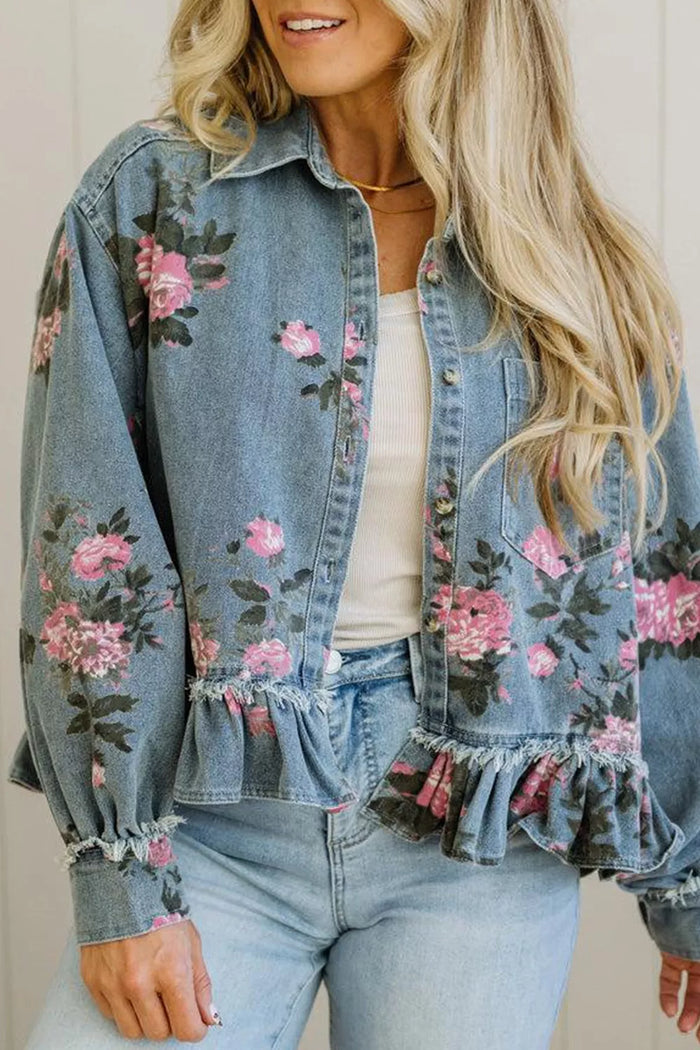 Floral Print Denim Jacket with Ruffled Hem in Light Blue