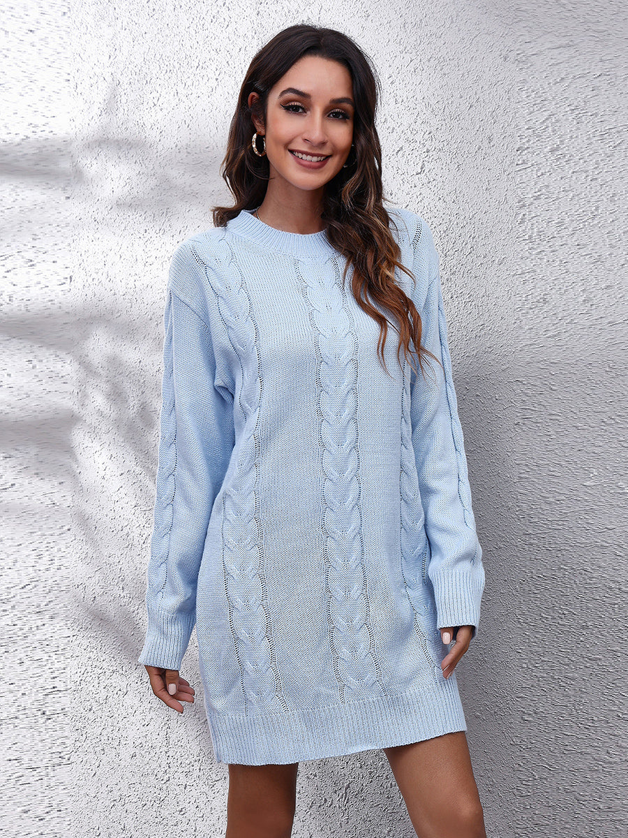 Cable-Knit Round Neck Sweater Dress in Misty Blue