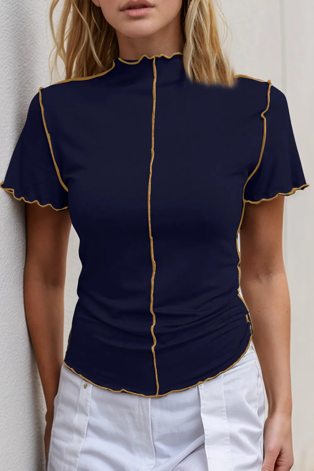 Basic Bae Mock Neck Wave Edge Contrast Stitching Ruffle Short Sleeve Slim Fit Casual Top - Lilixa.store