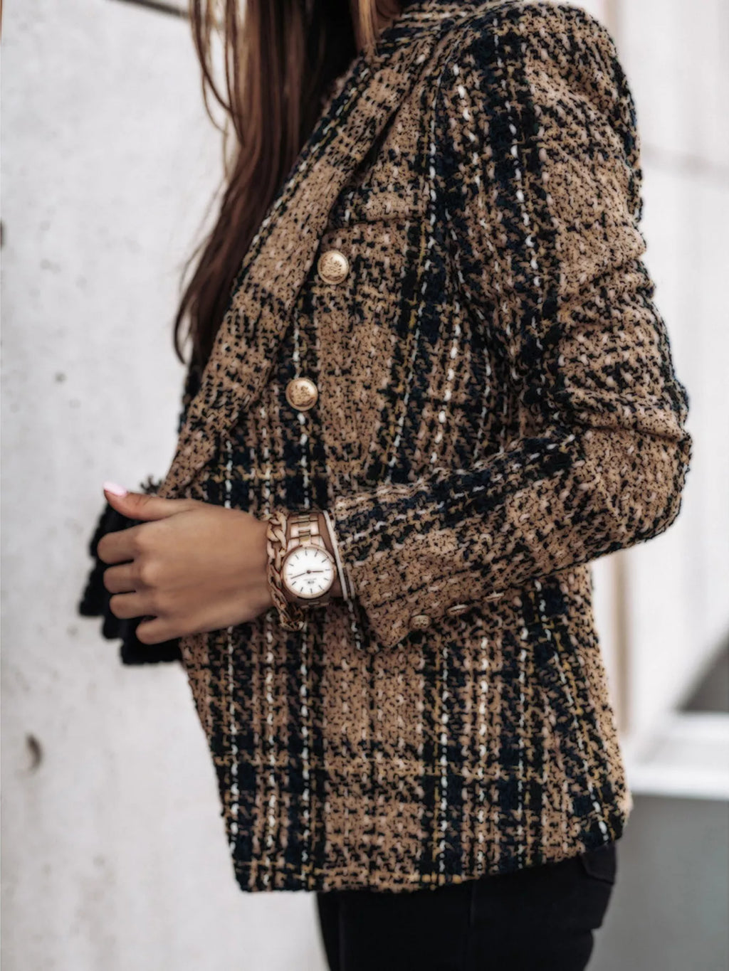 Full Size Plaid Tweed Double-Breasted Blazer Plus Size - Lilixa.store