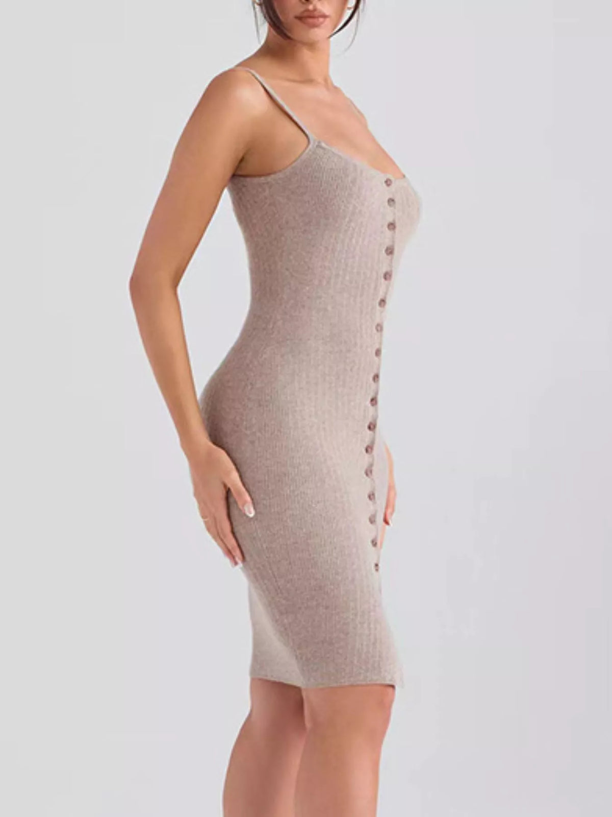 Ribbed Button-Front Bodycon Sweater Dress in Mocha, view 2