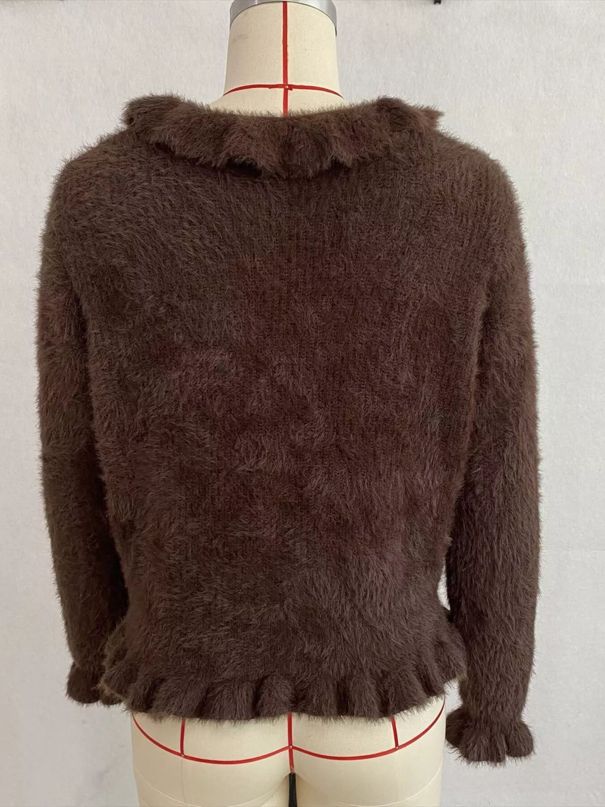 Soft Fuzzy Cardigan with Ruffled Collar and Pearl Buttons, view 15