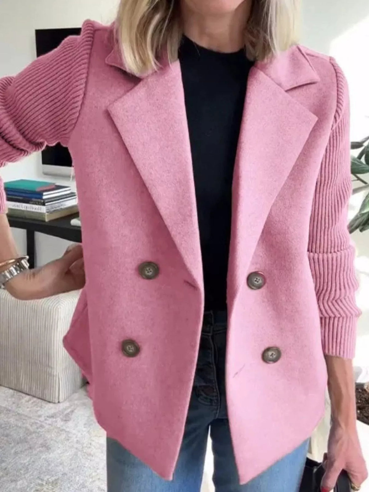 Full Size Knit Sleeve Double-Breasted Outerwear Plus Size in Pink