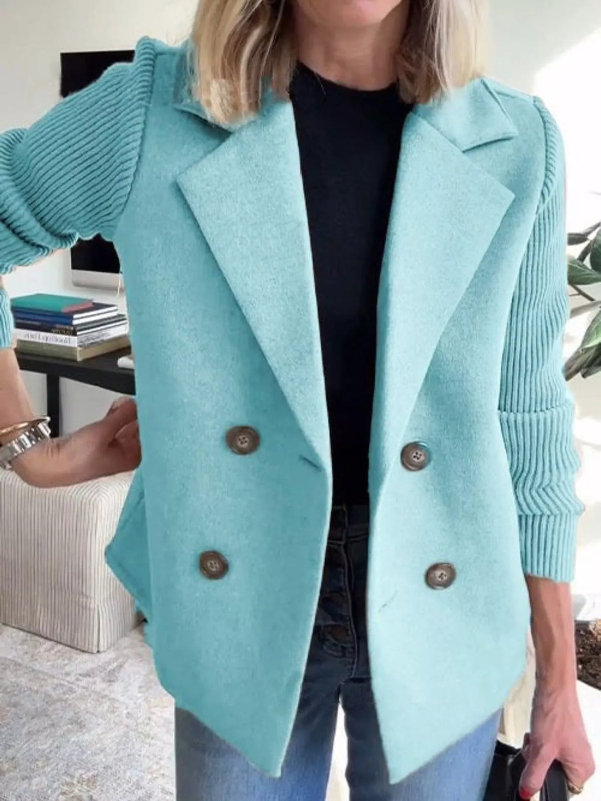 Full Size Knit Sleeve Double-Breasted Outerwear Plus Size in Pastel Blue