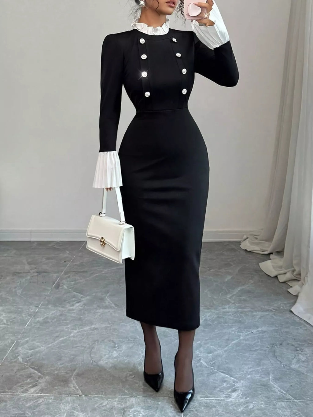 Two Tone Long Sleeve Midi Dress - Lilixa.store