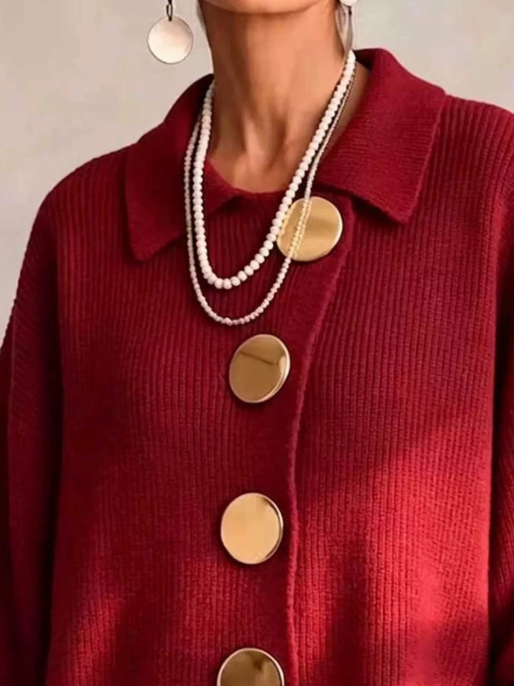 Full Size Gold Buttons Lantern Sleeve Cardigan Plus Size - Lilixa.store