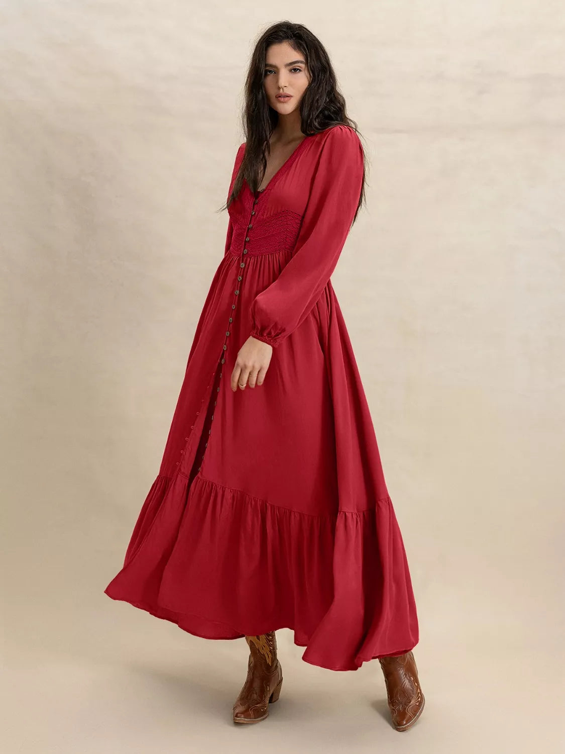 V-Neck Balloon Sleeve Ruffled Hem Maxi Dress - Lilixa.store