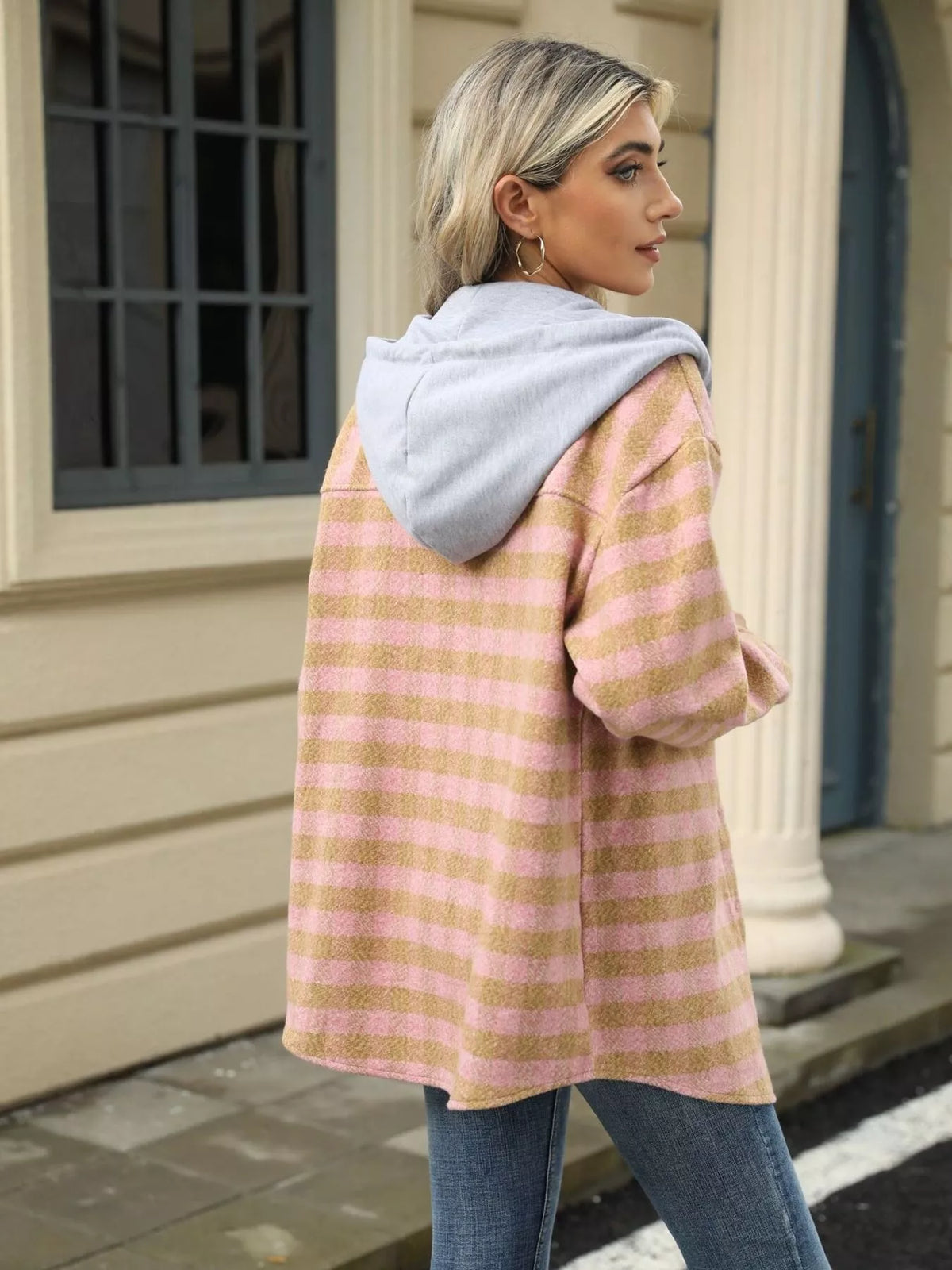 Plaid Button Up Long Sleeve Drawstring Hooded Jacket, view 18
